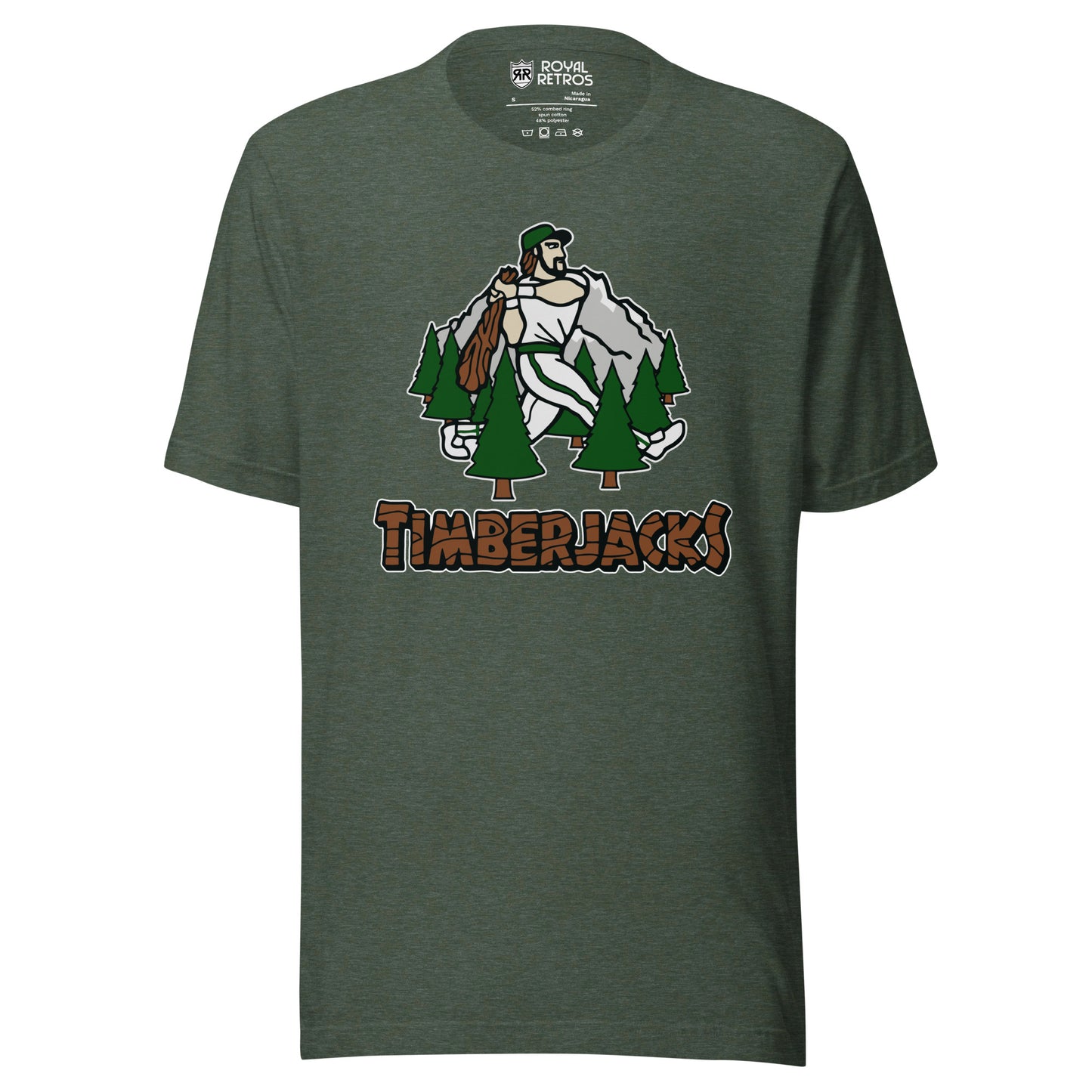 Southern Oregon Timberjacks baseball T-shirt. Dark Gray. Mountain with lumberjack walking and swinging bat surrounded by 7 evergreen trees. Timberacks in log/timber typeface below. Royal Retros