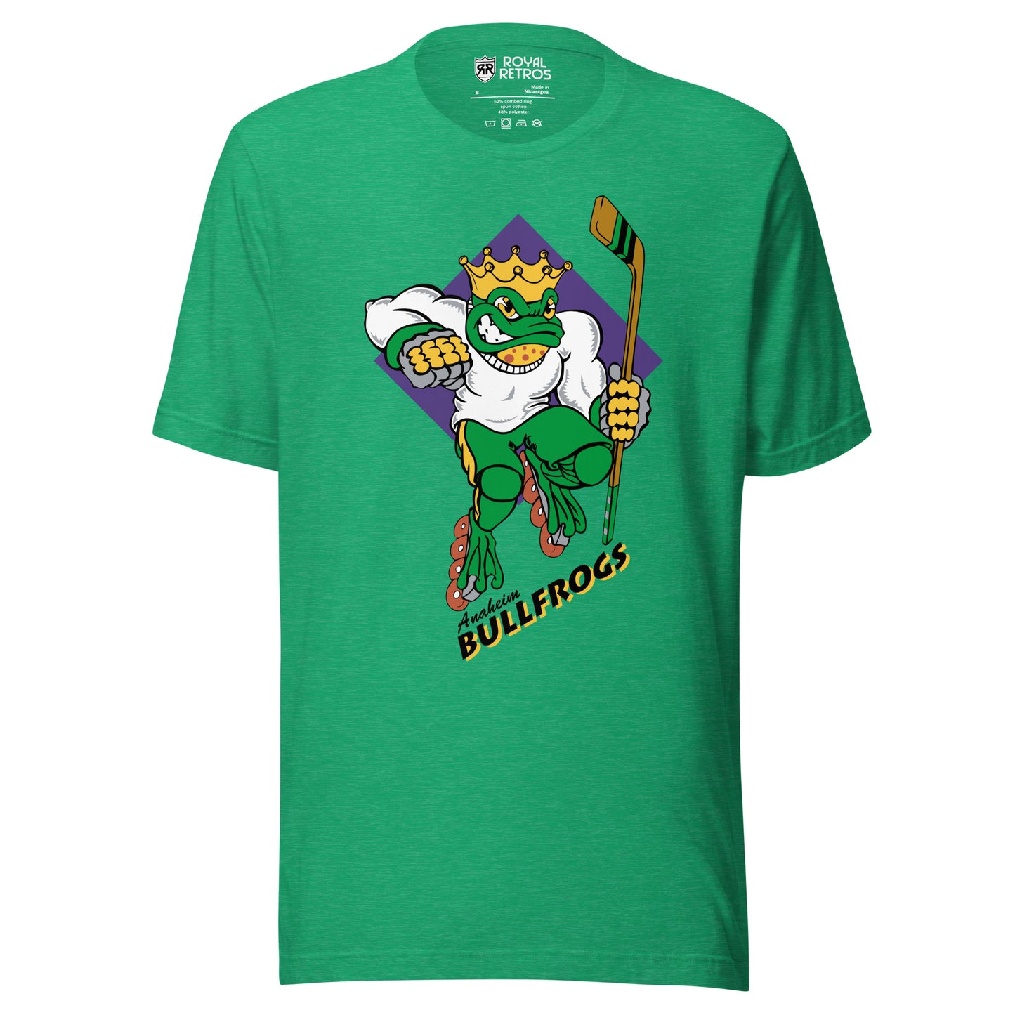 Anaheim Bullfrogs T-Shirt Heather Green. Bullfrog over purple diamond wearing a white tee and a gold crown holding a hockey stick. Bullfrogs on purple at an angle below. Royal Retros
