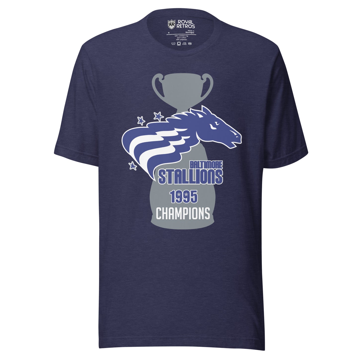 Baltimore Stallions Championship T-short. navy. Large gray trophy with large base. Over top is a horses head in blue facing right. Two white wavy stripes from its mane. Two blue stars upper left, one lower left. Baltimore below right in blue. Stallions in blue big below. 1995 below in blue. Champions in white below that. Royal Retros