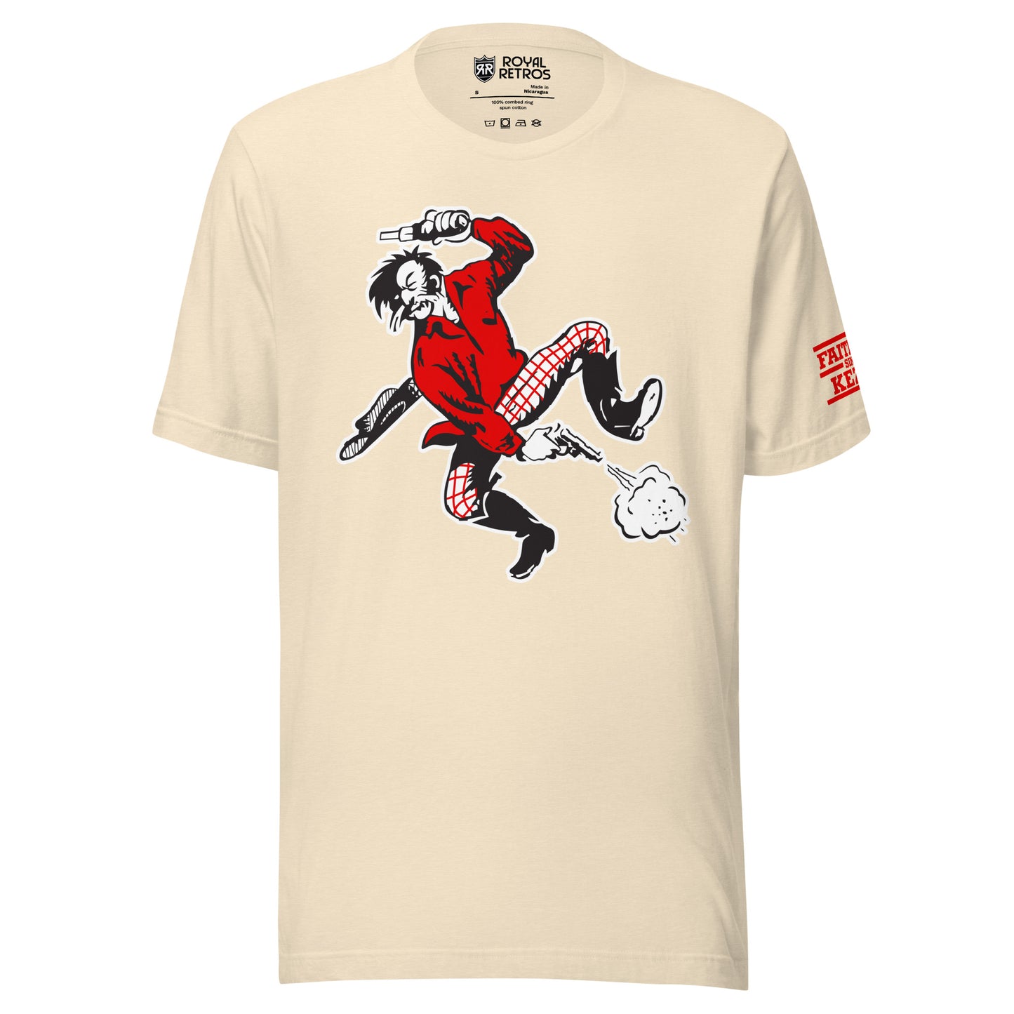 San  Francisco AAFC T-shirt. Natural White. Prospector jumping to left. Shooting revolver with left hand over head, shooting a revolver with right hand down between legs. Wearing red shirt, red & white checkered pants. Cowboy hat falling off to the left. Royal Retros