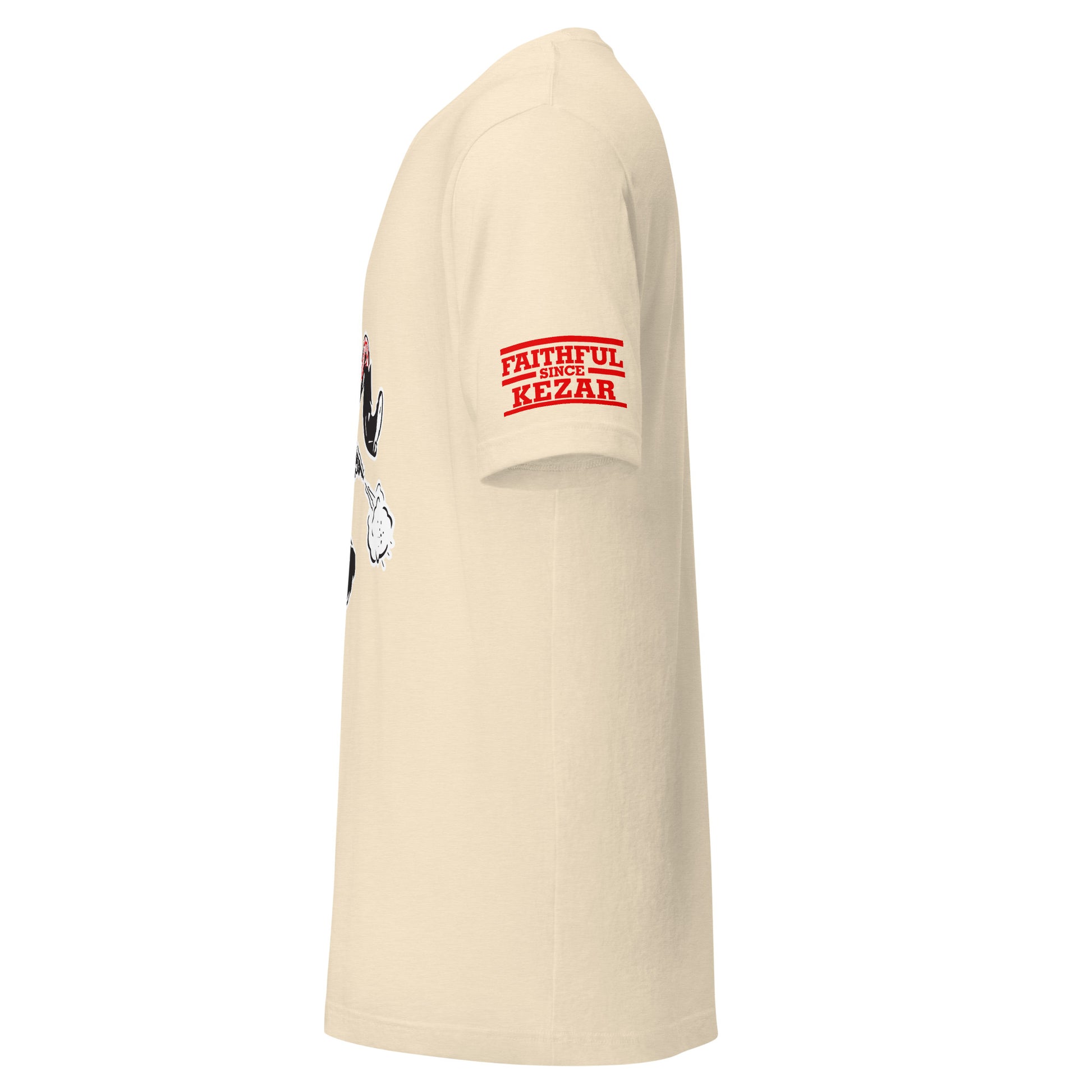 San Francisco AAFC T-shirt natural white, side view. "Faithful Since Kezar" on sleeve. Royal Retros