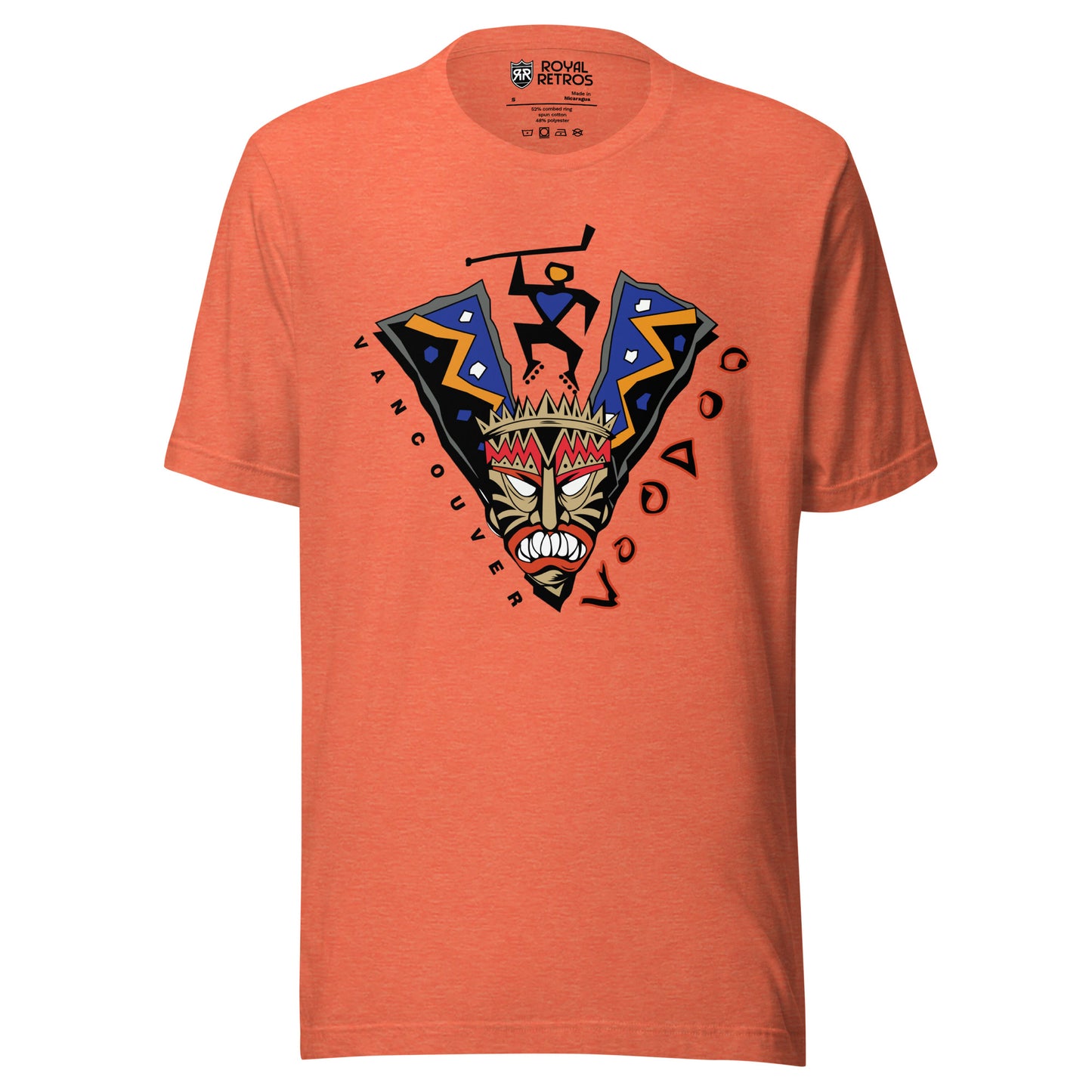 Vancouver Voodoo roller hockey T-shirt. Orange. V-shaped voodoo mask. Stick-like figure holding hockey stick in gap of V. Vancouver in white down left side, Voodoo in red with white trim going up right side. Royal Retros
