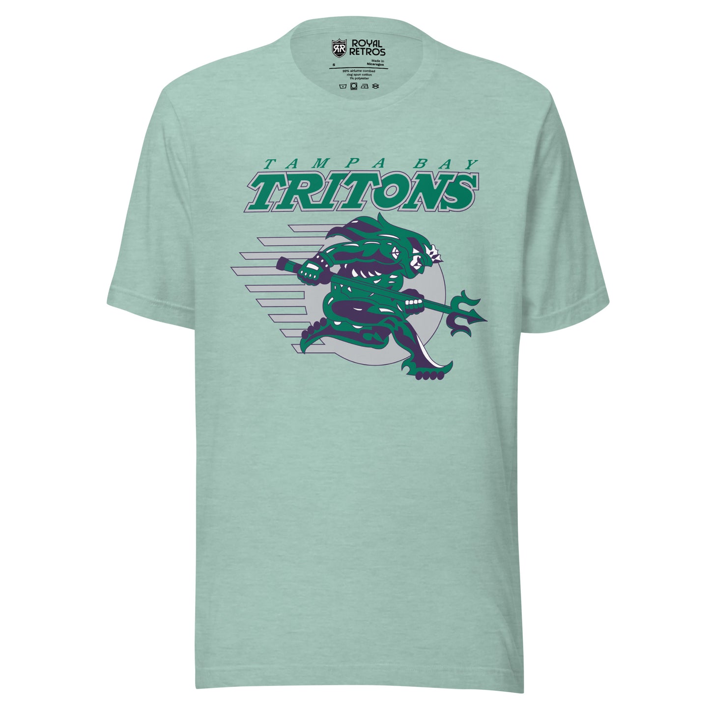 Tampa Bay Tritons roller hockey T-Shirt. Heather prism. Tampa Bay in green above Tritons large in green with white outline. Purple and green sea monster over silver ball with streak marks. Monster is holding triton. Royal Retros.