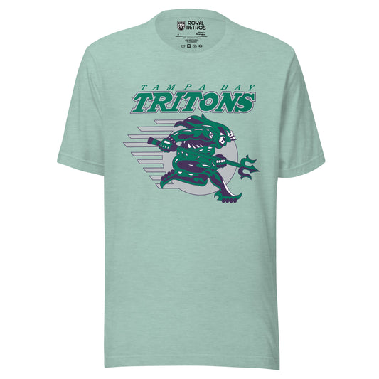Tampa Bay Tritons roller hockey T-Shirt. Heather prism. Tampa Bay in green above Tritons large in green with white outline. Purple and green sea monster over silver ball with streak marks. Monster is holding triton. Royal Retros.