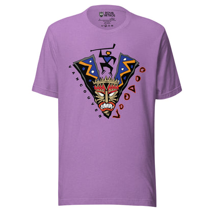 Vancouver Voodoo roller hockey T-shirt. Purple. V-shaped voodoo mask. Stick-like figure holding hockey stick in gap of V. Vancouver in white down left side, Voodoo in red with white trim going up right side. Royal Retros