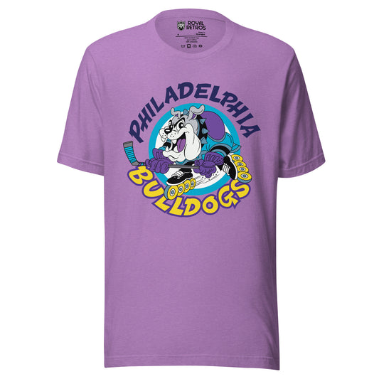 Philadelphia Bulldogs Roller Hockey -shirt. Purple. Philadelphia in dark purple arched over cartoon bulldog inline skating with hockey stick, going to the left. Bulldogs arched up in yellow below. Royal Retros