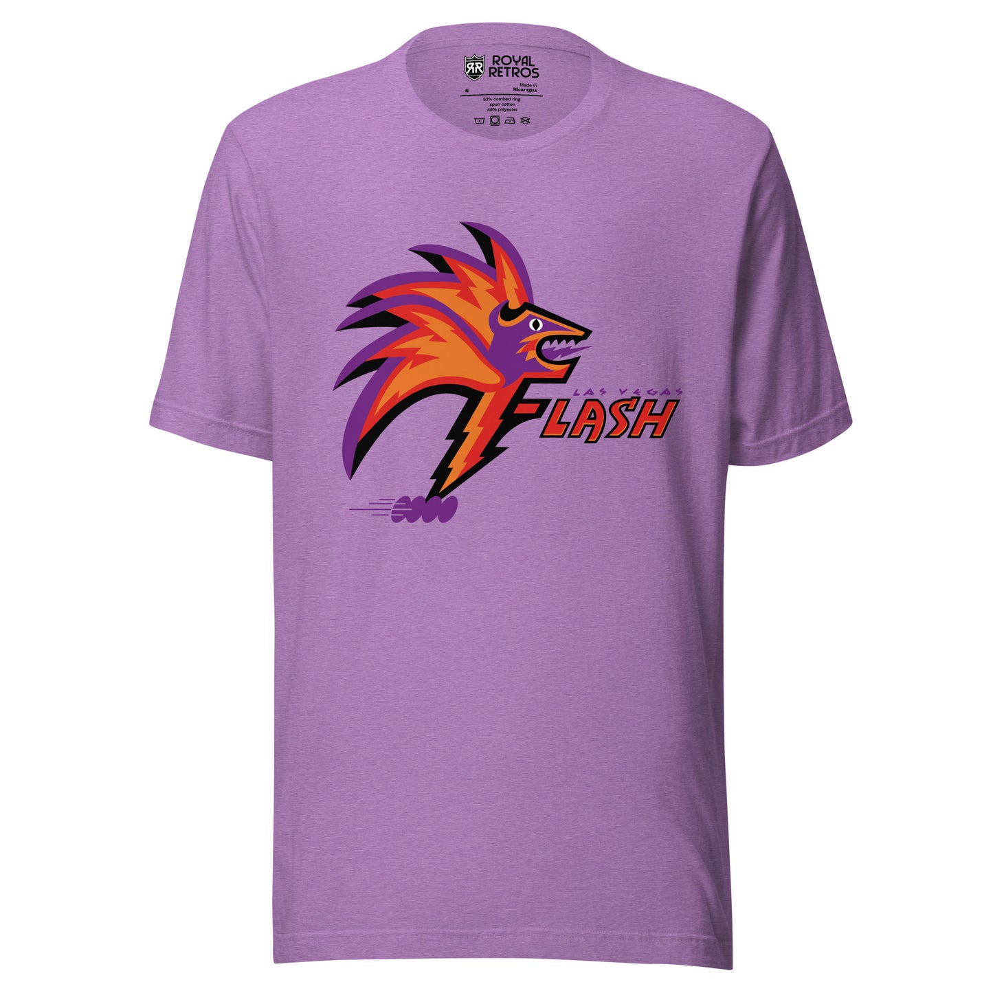 Las Vegas T-shirt heather purple. Stylized bird head in profile. Purple face with red, orange, and purple feathers. Las Vegas in purple small over Flash in orange to right of bird head. Royal Retros