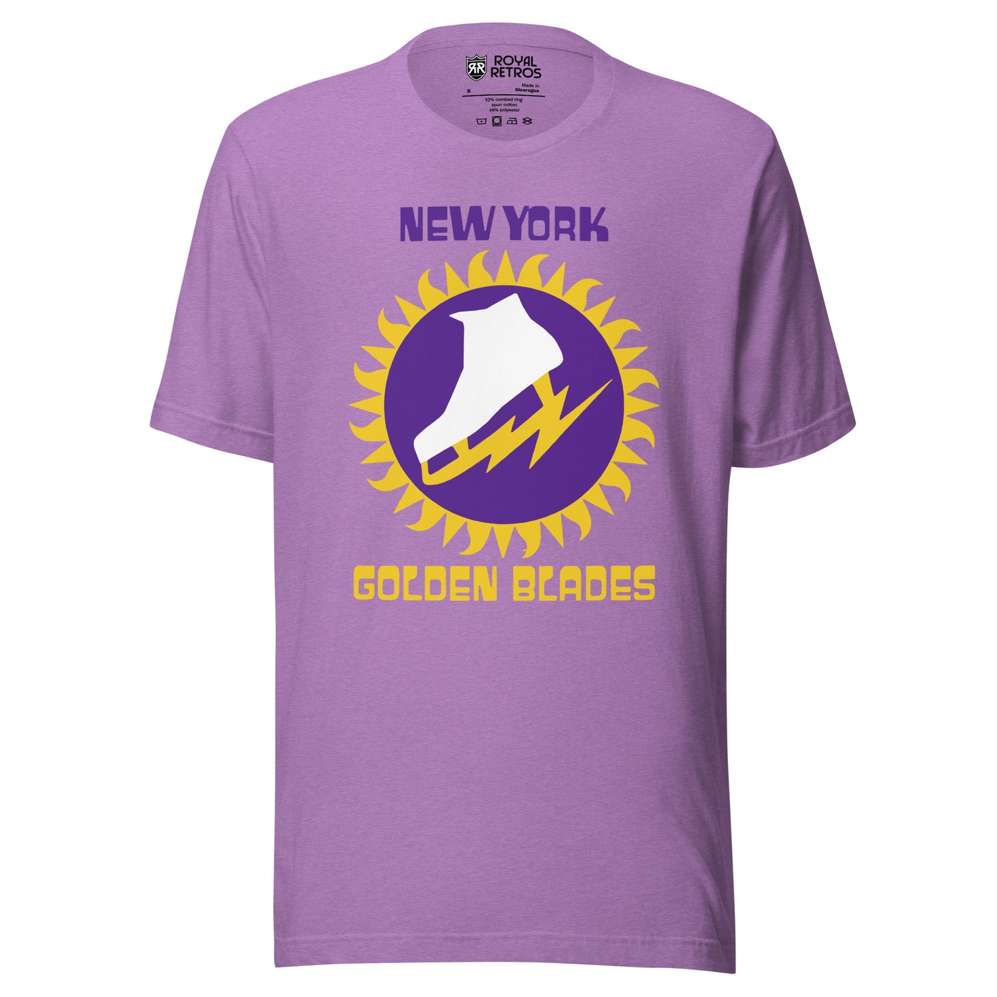 New York Golden Blades WHA T-shirt. Purple.  Logo: New York in purple above gold jagged circle, purple background inside with white skate with jagged gold blade. Golden Blades in gold below.  
 Royal Retros