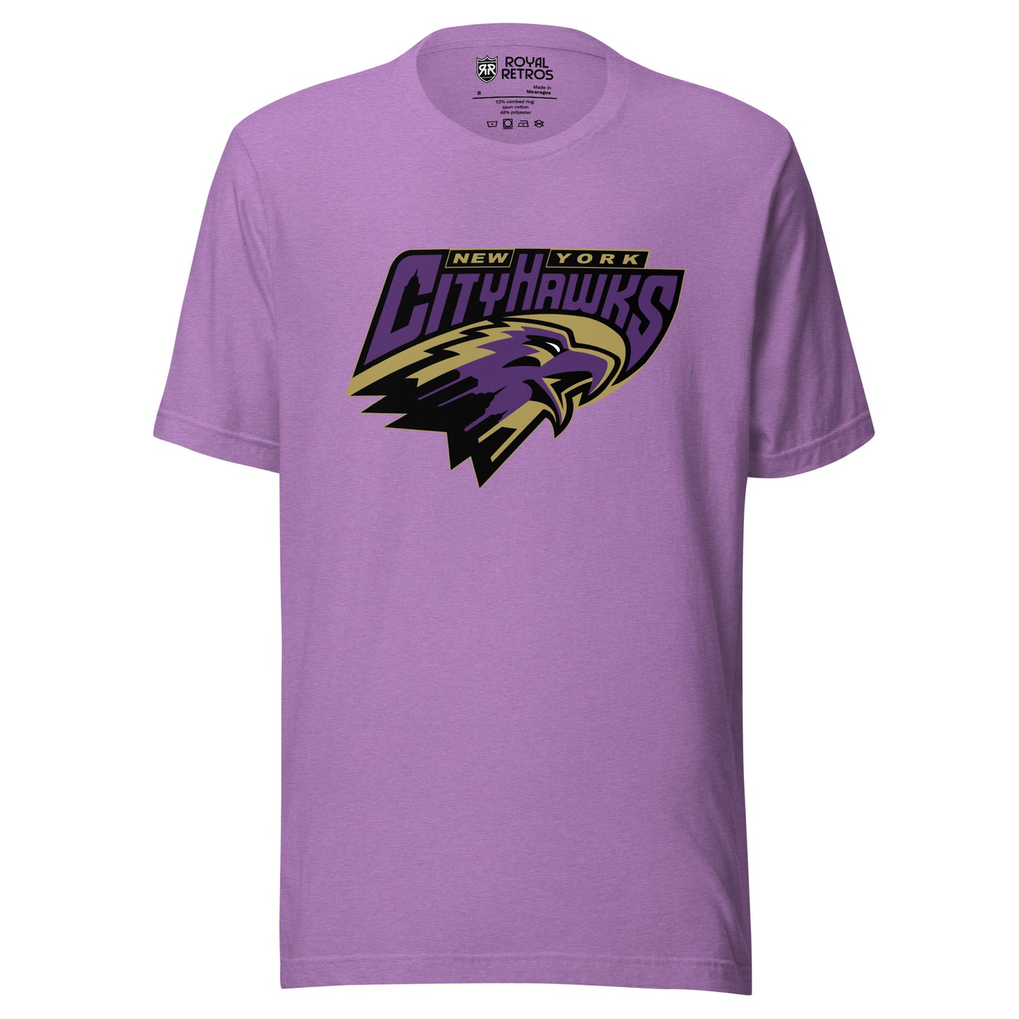 New York CityHawks Arena Football League T-shirt. Light Purple. New York in small in gold above CityHawks large in purple. Tan, black, and purple hawk's head facing right below. Royal Retros