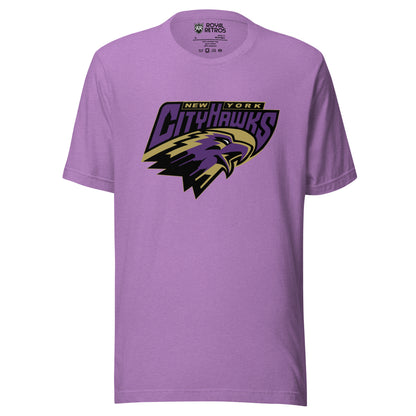 New York CityHawks Arena Football League T-shirt. Light Purple. New York in small in gold above CityHawks large in purple. Tan, black, and purple hawk's head facing right below. Royal Retros