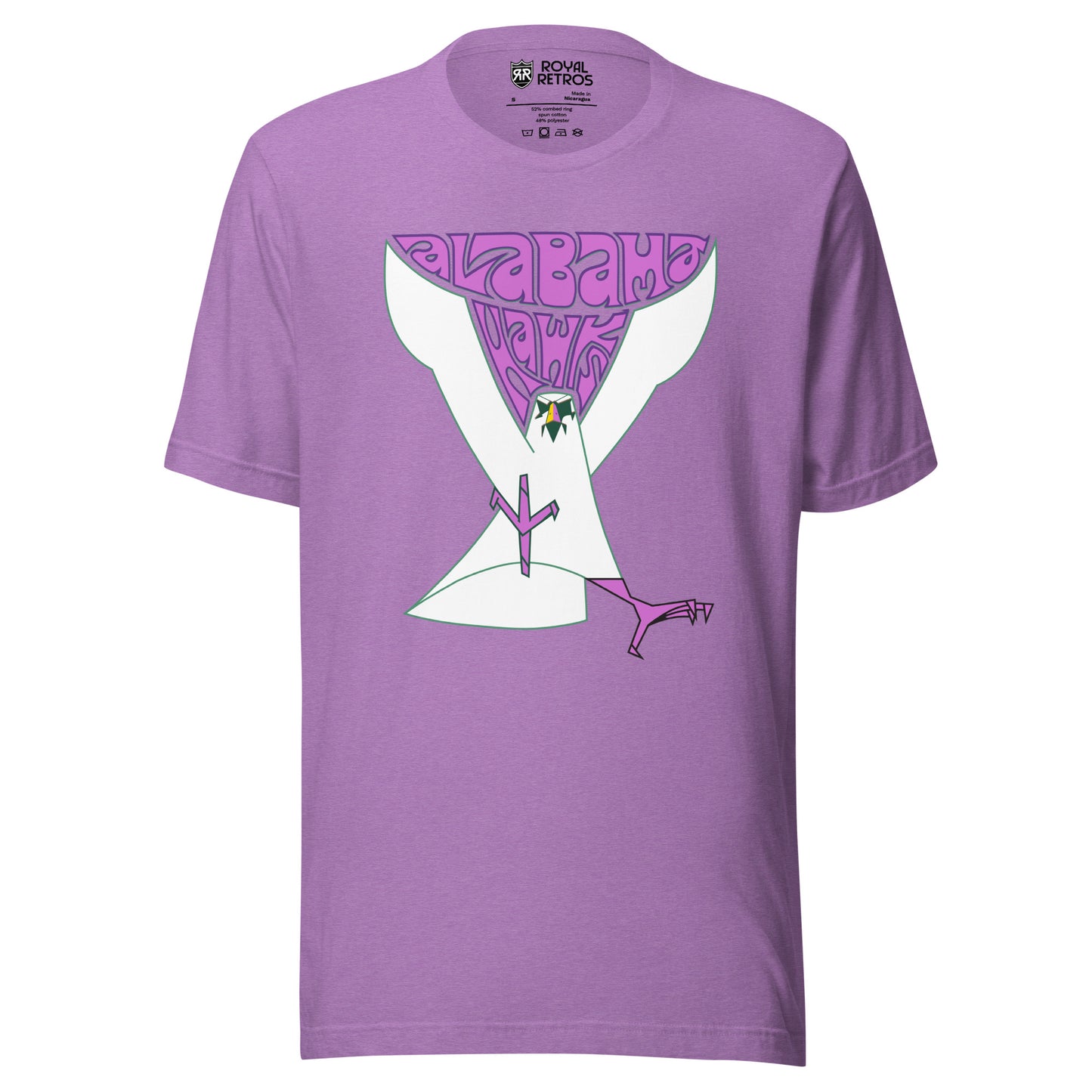Alabama Hawks football T-shirt. Heather Purple. Alabama in 70s-style font, purple with Hawks below, nestled between the wings of a large simplified Hawk coming at viewer with purple talons. Royal Retros