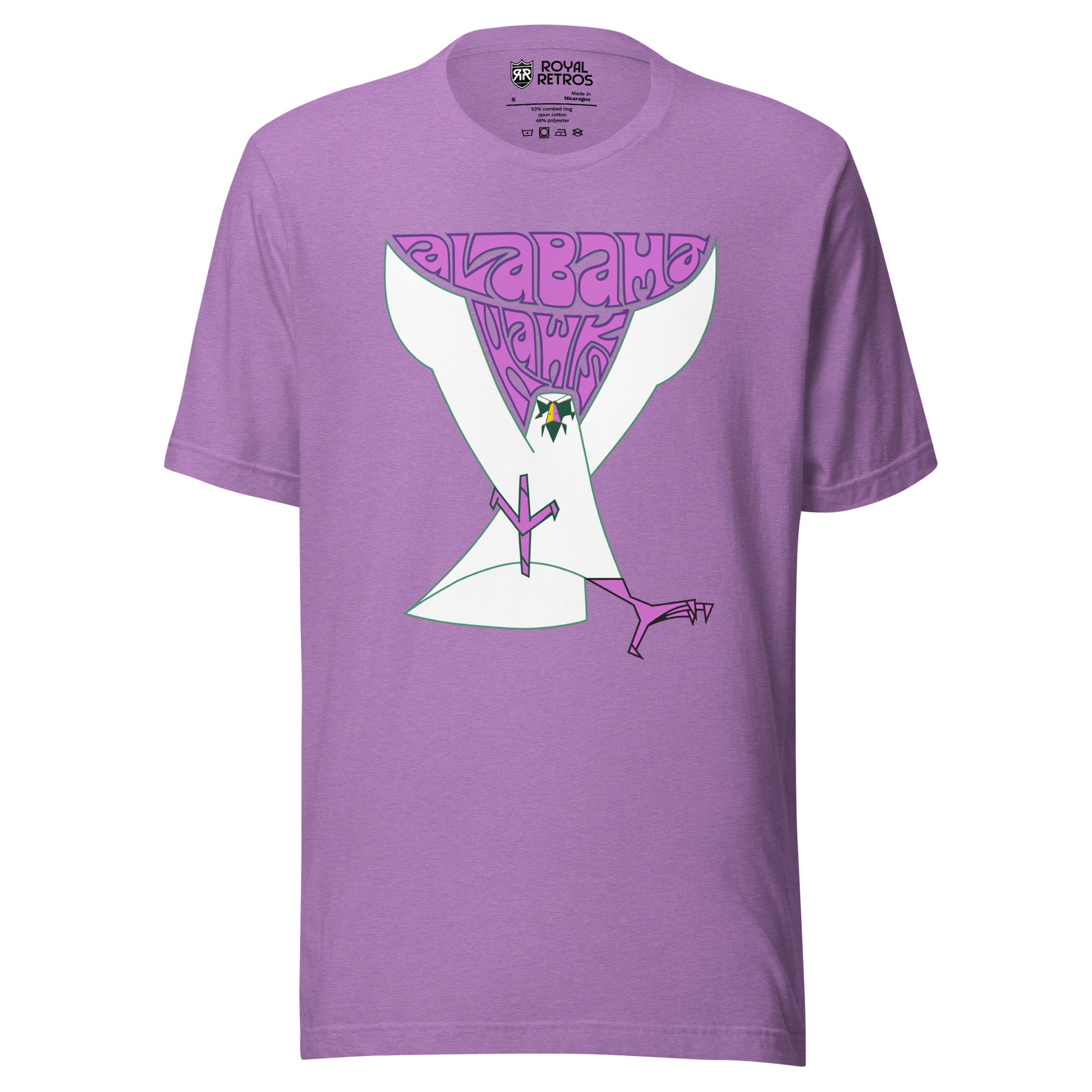 Alabama Hawks football T-shirt. Heather Purple. Alabama in 70s-style font, purple with Hawks below, nestled between the wings of a large simplified Hawk coming at viewer with purple talons. Royal Retros