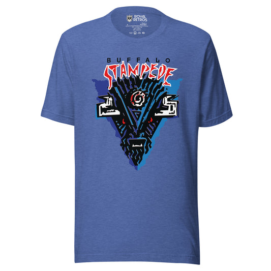 Buffalo Stampede logo T-Shirt. Heather Royal Blue. Stylized Buffalo head straight on in blue and black. Stampede in red outlined on white above. Royal Retros