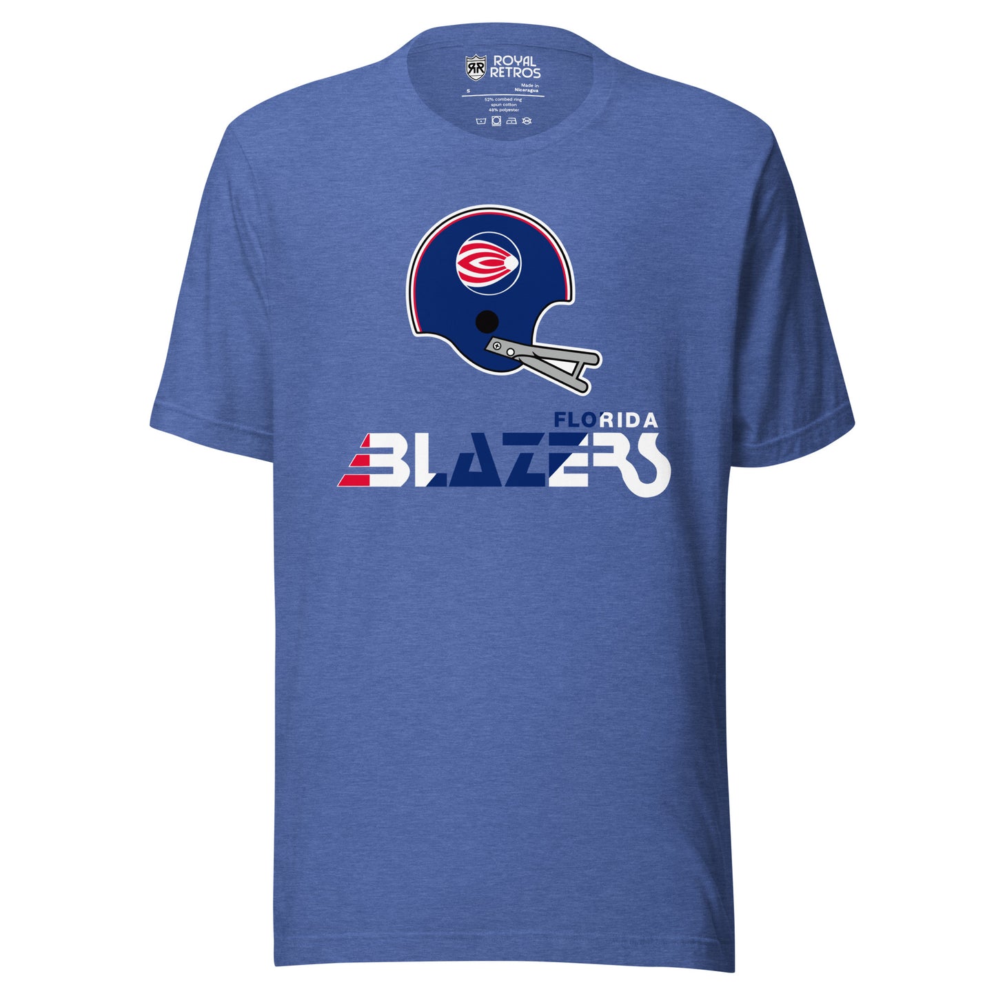 Florida Blazers World Football league WFL T-shirt. Blue. Logo is a blue helmet with gray face guard with a circular logo featuring  red and white swoops going away from a small circle inside right. Florida small to the right stylized Blazers large below in red, white, and blue. Royal Retros.