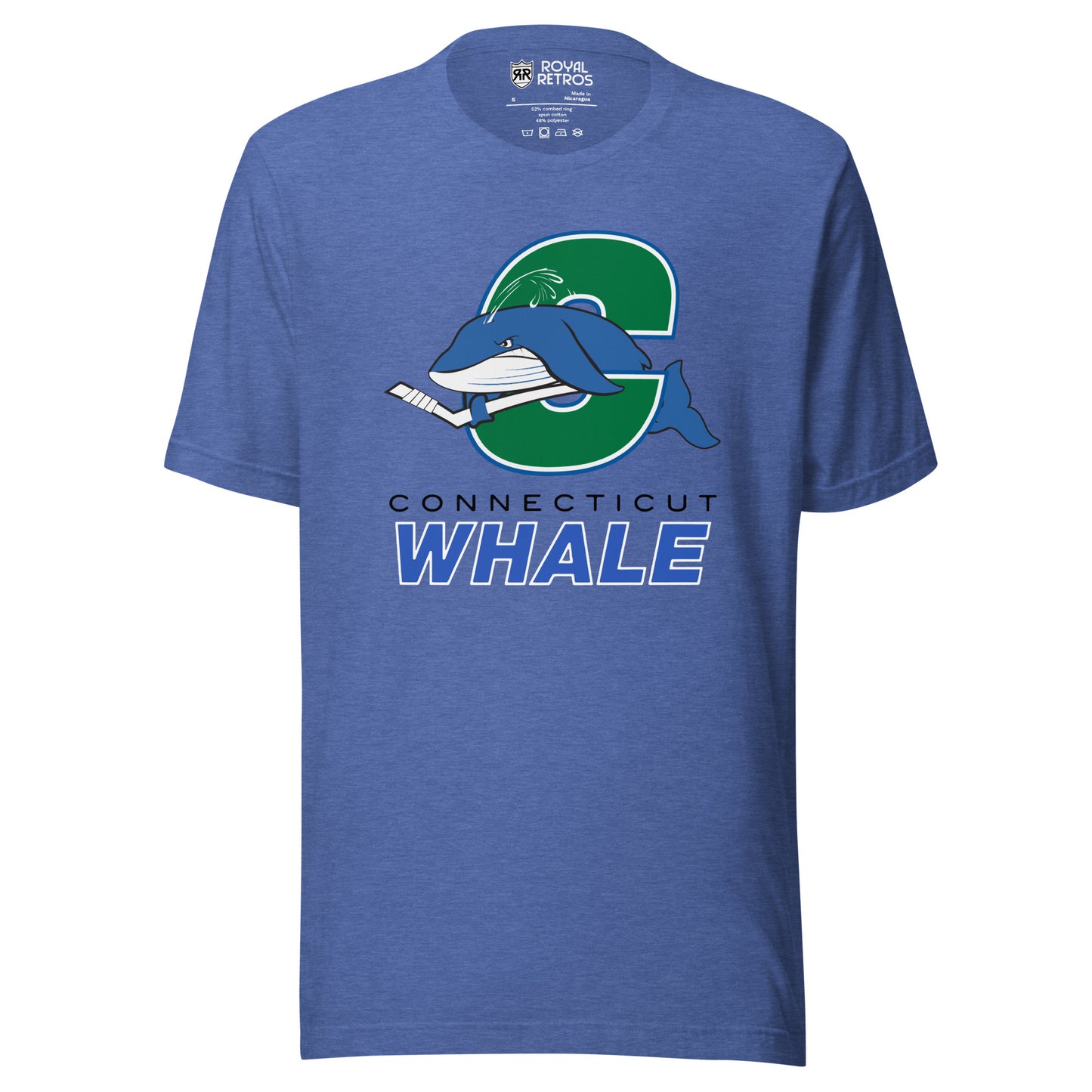 Connecticut Whale hockey T-shirt. Blue. Giant green C with blue and white trim with blue whale swimming through middle to the left holding a hockey stick. CONNE TICUT in black small above WHALE in blue with white trim. Royal Retros