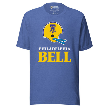 Philadelphia Bell World Football League WFL T-shirt. Heather Blue. Yellow helmet with blue and white trim. Stylized image of Liberty Bell in blue in center of helmet. Blue faceguard. PHILADELPHIA white below, BELL large in yellow below. Royal Retros
