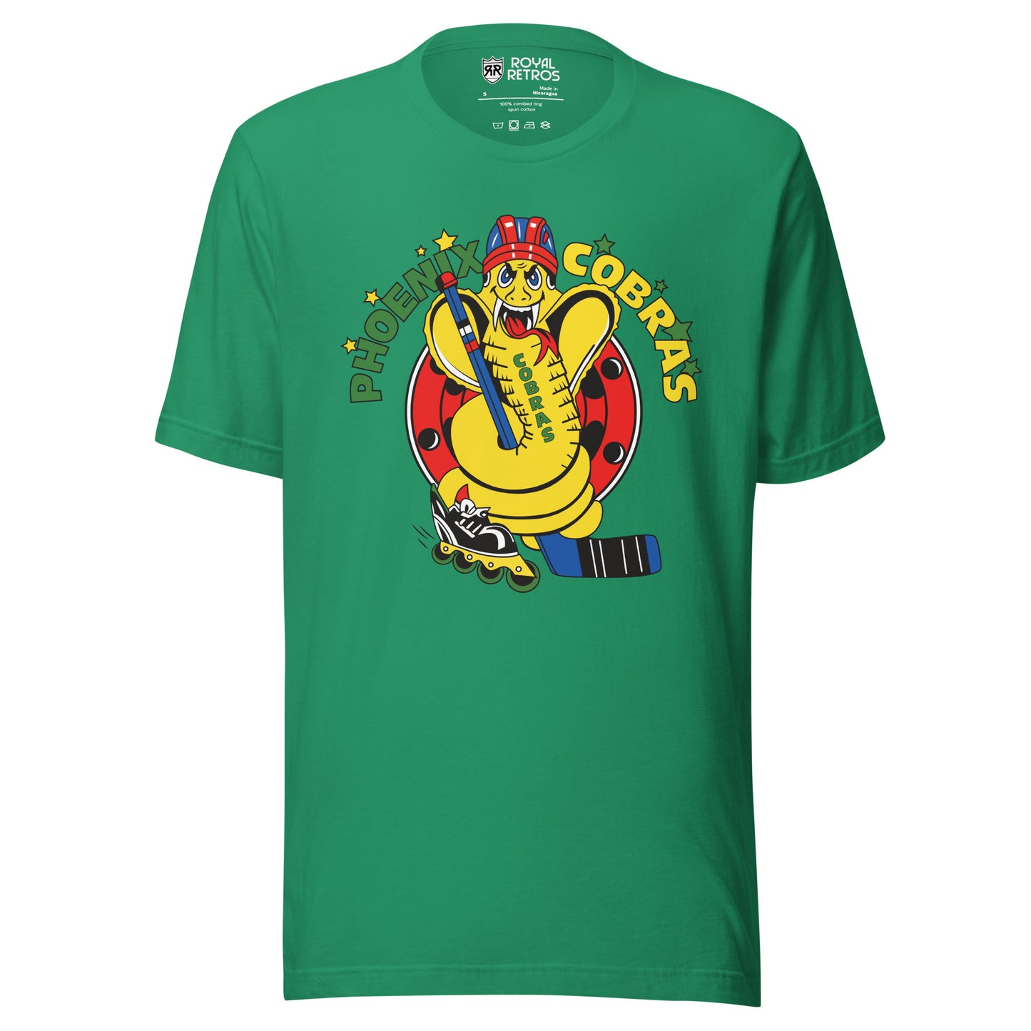 Phoenix Cobras roller hockey T-Shirt. Kelly Green. Phoenix in green arched on left, yellow Cobras arched on right. Yellow cobra between holding hockey stick and wearing a red and blue helmet and holding a blue hockey stick. Royal Retros