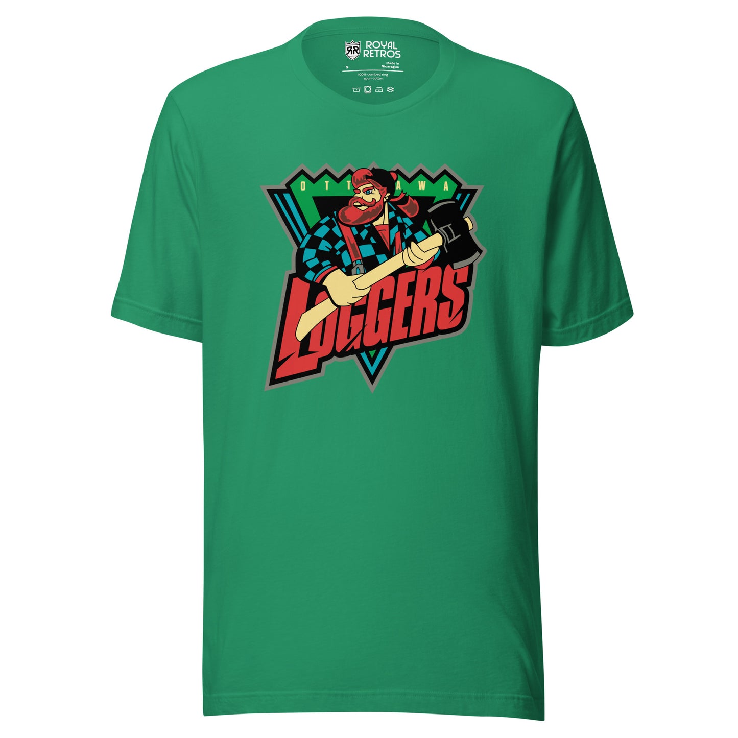 Ottawa Loggers roller hockey T-Shirt. Kelly Green. Upside down blue triangle, with jagged green top. Lumberjack chest up holding ax over triangle. OTT and AWA on either side of lumberjack's head on green jagged part. Loggers in red angled below lumberjack over bottom of triangle. Royal Retros.