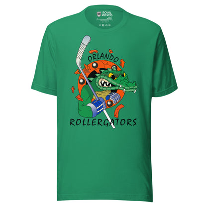 Orlando Rollergators roller hockey T-shirt. Green. Menacing gator head over red circle. Gator is holding a hockey stick. Royal Retros