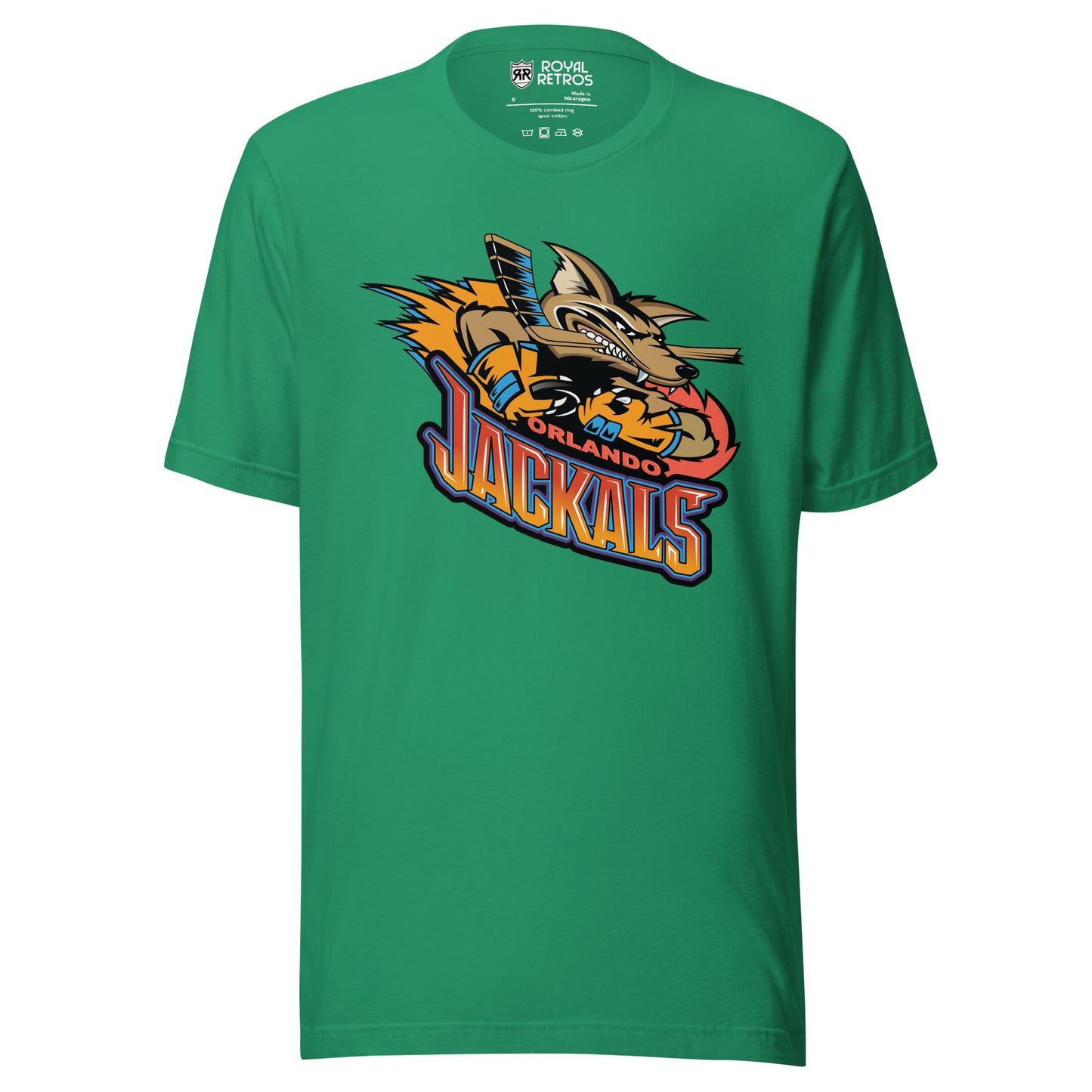 Orlando Jackals roller hockey T-shirt. Kelly Green. Jackal holding hockey stick, with flames to the left. Orlando in red small just under jackal, JACKALS in red on top orange on bottom below. Royal Retros
