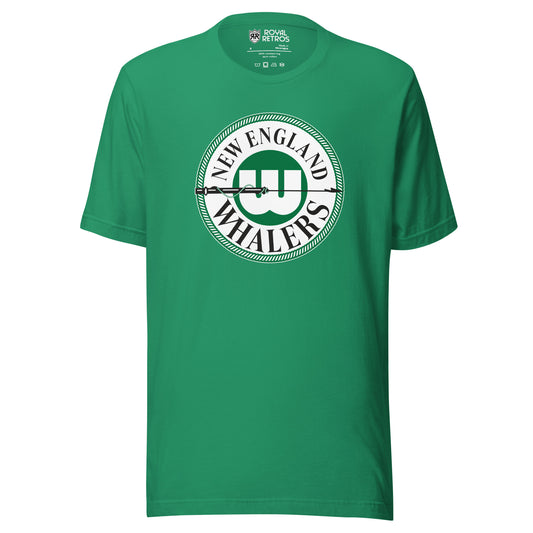 New England Whalers WHA T-shirt. Green. Circular logo with green outline. New England above in circle, Whalers below. W on green background in center of circle with black harpoon across. Royal Retros