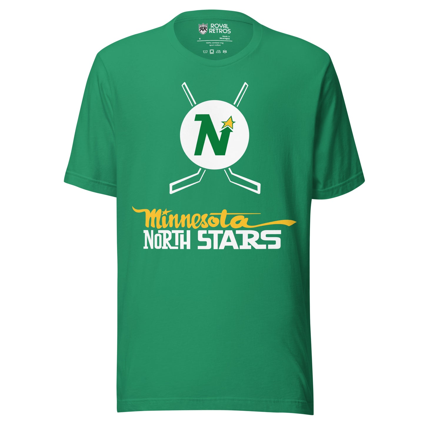Minnesota North Stars hockey T-shirt green. White circle with green N with gold star on right top of letter. Hockey sticks crossed behind circle. Minnesota in gold above North Stars in white below logo. Royal Retros