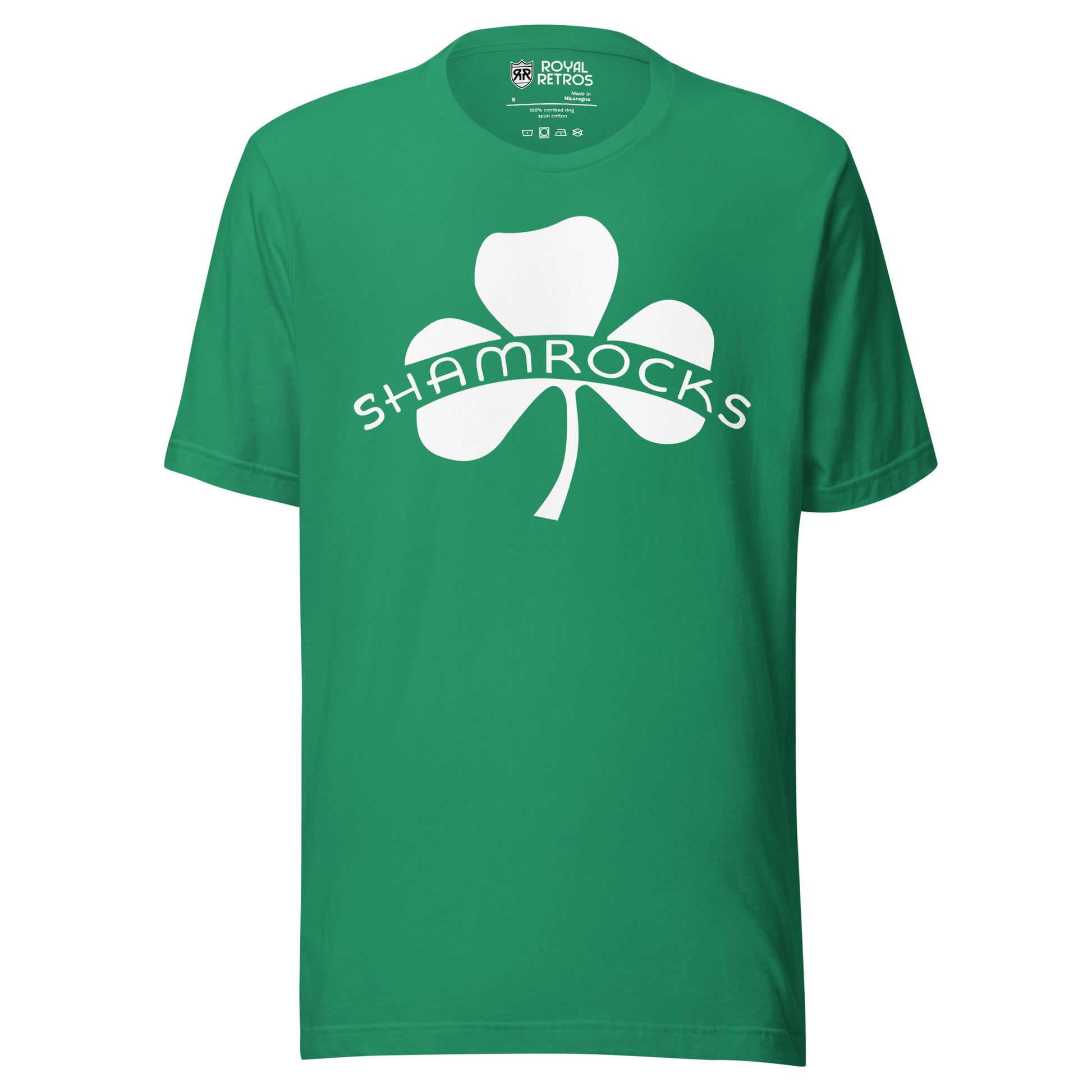 Chicago Shamrocks hockey T-shirt. Green. White shamrock, with Shamrocks in all caps across left and right leaves. Royal Retros