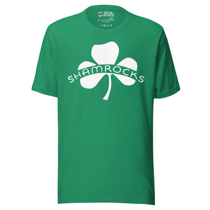 Chicago Shamrocks hockey T-shirt. Green. White shamrock, with Shamrocks in all caps across left and right leaves. Royal Retros