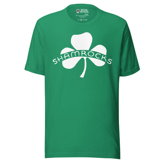 Chicago Shamrocks hockey T-shirt. Green. White shamrock, with Shamrocks in all caps across left and right leaves. Royal Retros