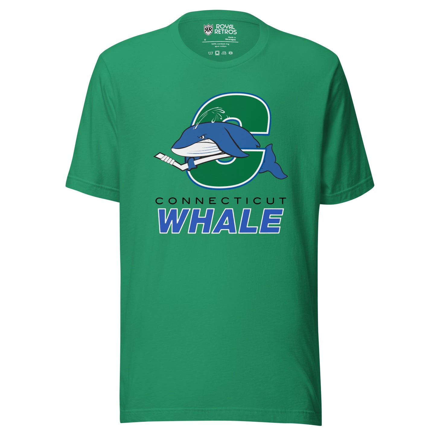 Connecticut Whale hockey T-shirt. Green. Giant green C with blue and white trim with blue whale swimming through middle to the left holding a hockey stick. CONNE TICUT in black small above WHALE in blue with white trim. Royal Retros