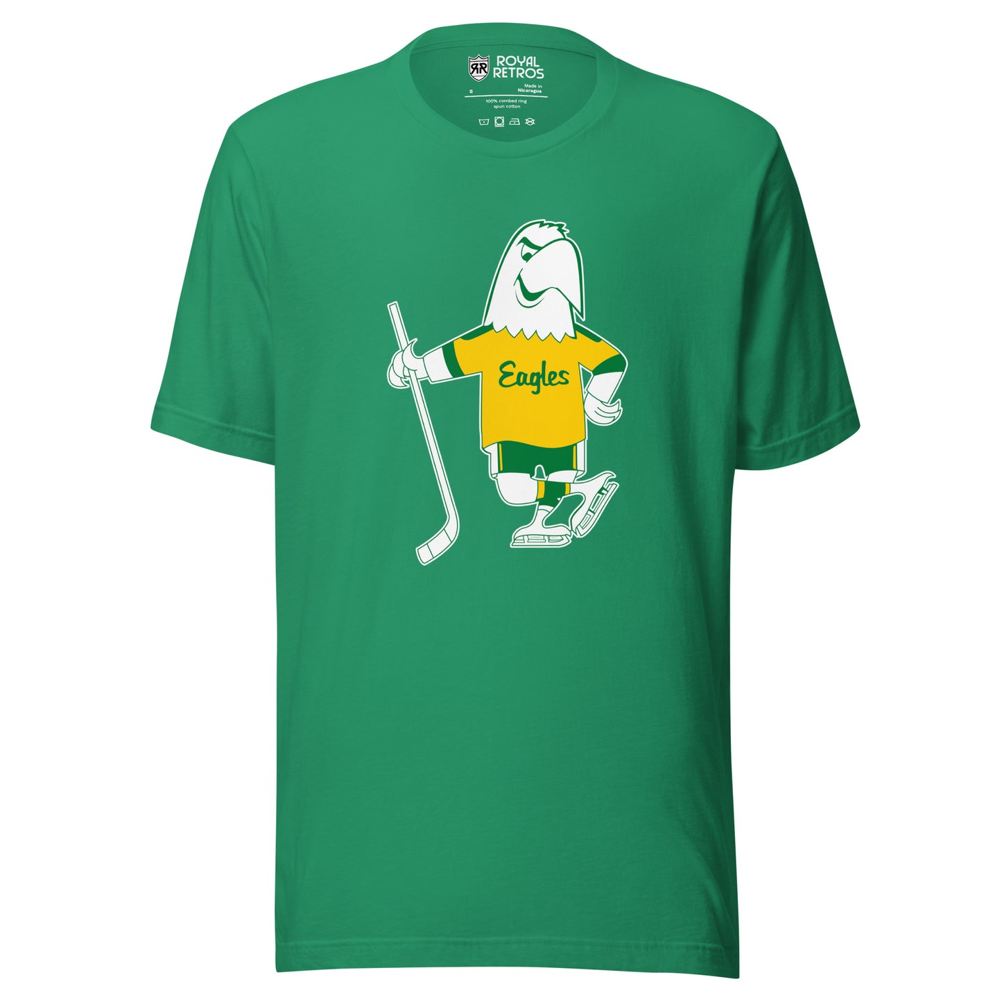 Salt Lake Golden Eagles Hockey T-shirt. Green. Cartoon white Eagle drawn in green wearing a gold jersey with Eagles in script across chest. Green sleeve ends on Eagle's jersey. Green shorts with yellow stripes. Wearing white skates and holding a hockey stick in his right wing. Royal Retros.