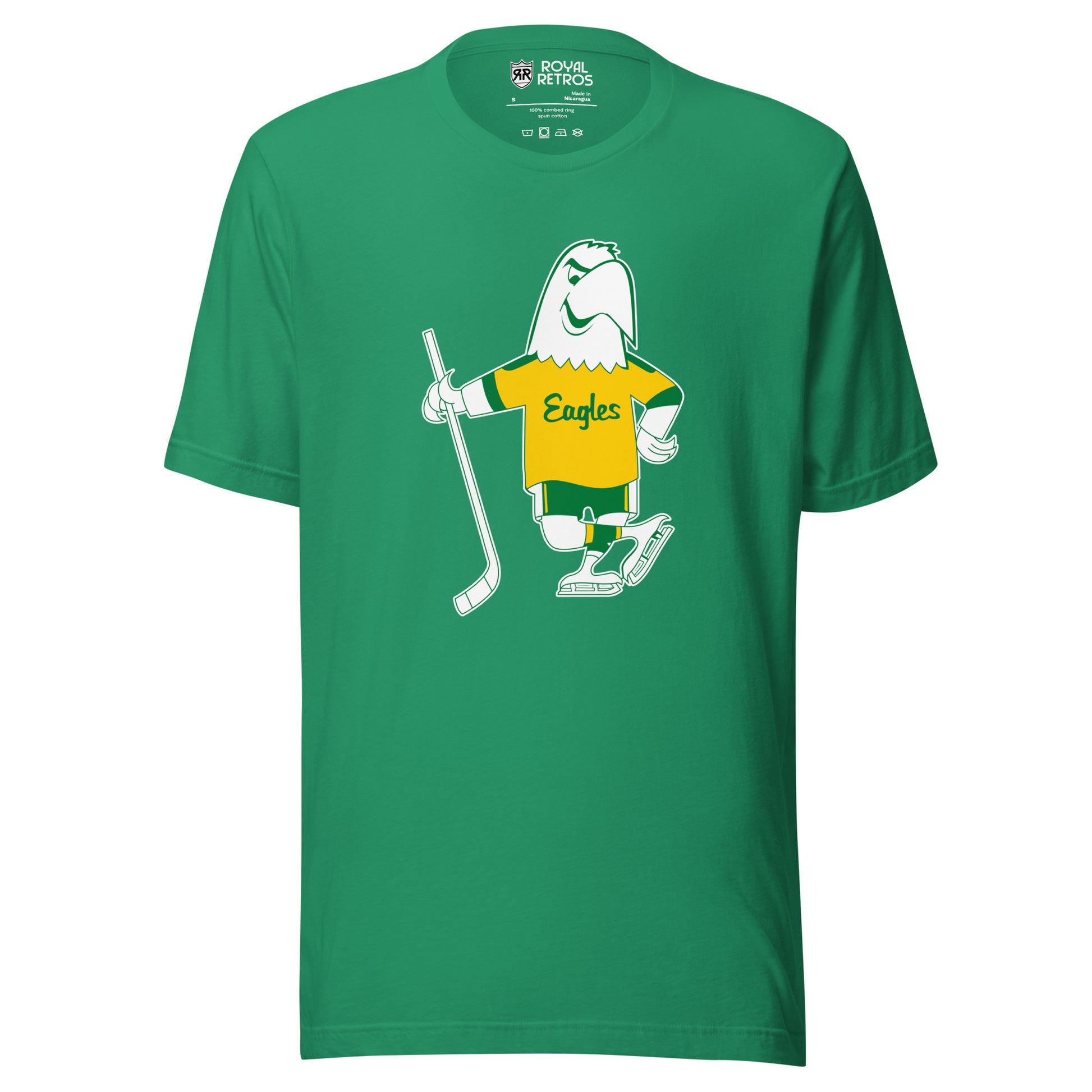 Salt Lake Golden Eagles Hockey T-shirt. Green. Cartoon white Eagle drawn in green wearing a gold jersey with Eagles in script across chest. Green sleeve ends on Eagle's jersey. Green shorts with yellow stripes. Wearing white skates and holding a hockey stick in his right wing. Royal Retros.