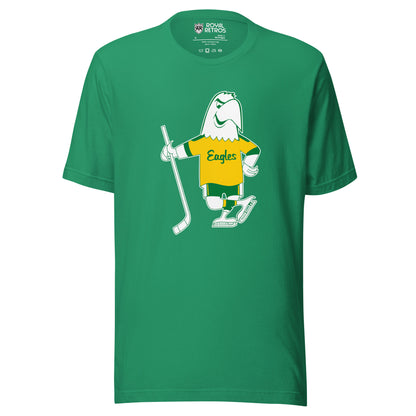Salt Lake Golden Eagles Hockey T-shirt. Green. Cartoon white Eagle drawn in green wearing a gold jersey with Eagles in script across chest. Green sleeve ends on Eagle's jersey. Green shorts with yellow stripes. Wearing white skates and holding a hockey stick in his right wing. Royal Retros.