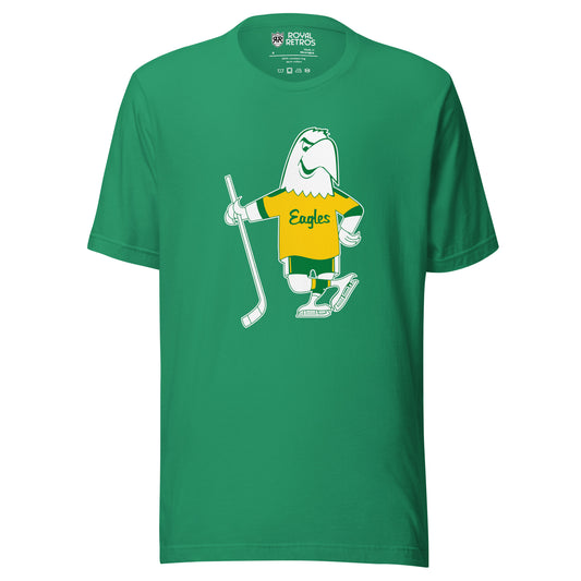 Salt Lake Golden Eagles Hockey T-shirt. Green. Cartoon white Eagle drawn in green wearing a gold jersey with Eagles in script across chest. Green sleeve ends on Eagle's jersey. Green shorts with yellow stripes. Wearing white skates and holding a hockey stick in his right wing. Royal Retros.