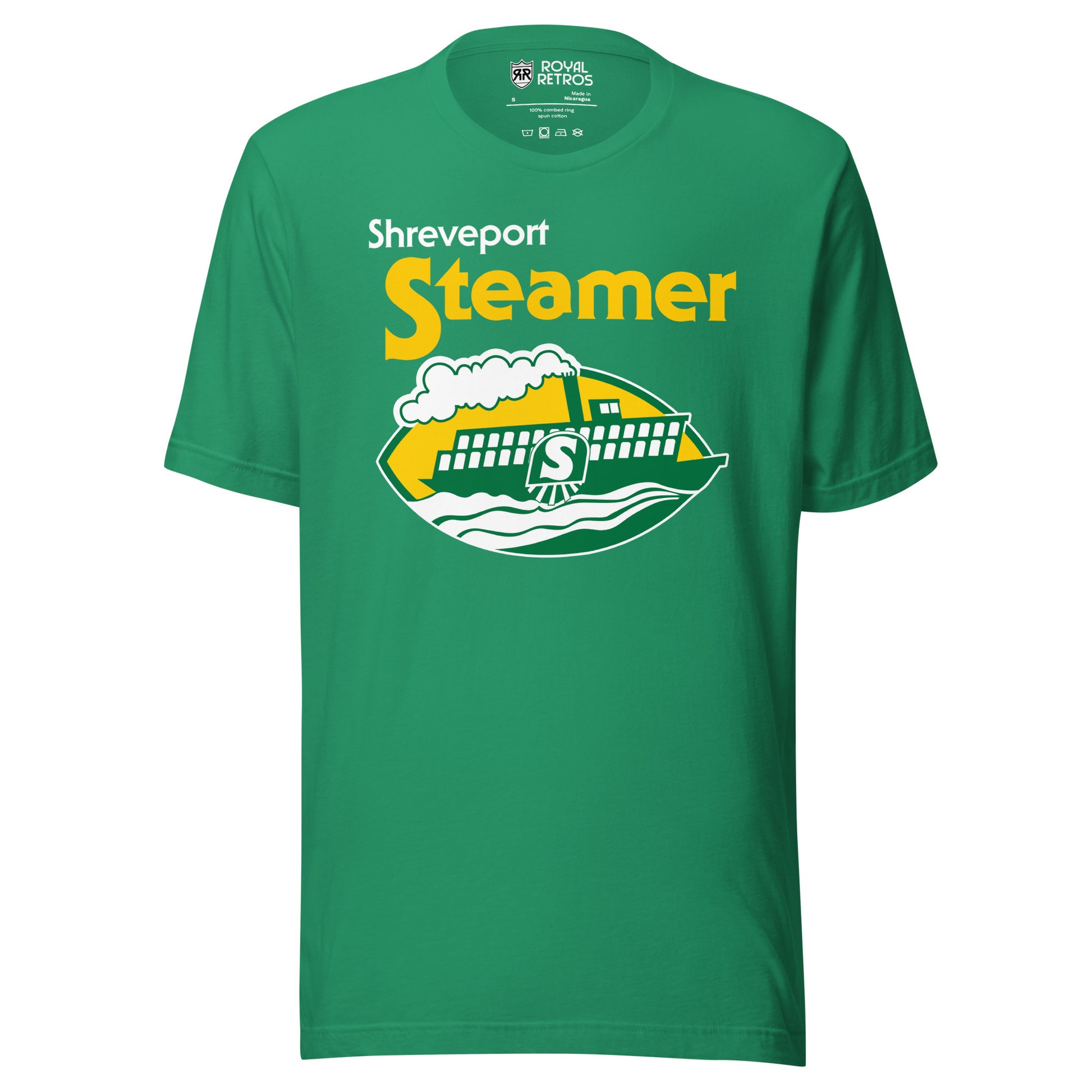 Shreveport Steamer World Football League T-shirt. Green. Shreveport in white small, upper left. Steamer large in yellow below that centered. Logo below is a cartoon paddle wheel steamer with an S on the wheel. on green and white waves on a football shaped background. Royal Retros