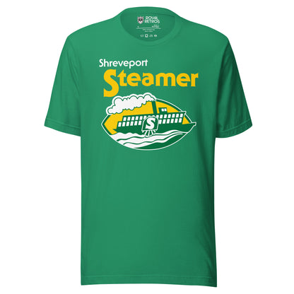 Shreveport Steamer World Football League T-shirt. Green. Shreveport in white small, upper left. Steamer large in yellow below that centered. Logo below is a cartoon paddle wheel steamer with an S on the wheel. on green and white waves on a football shaped background. Royal Retros