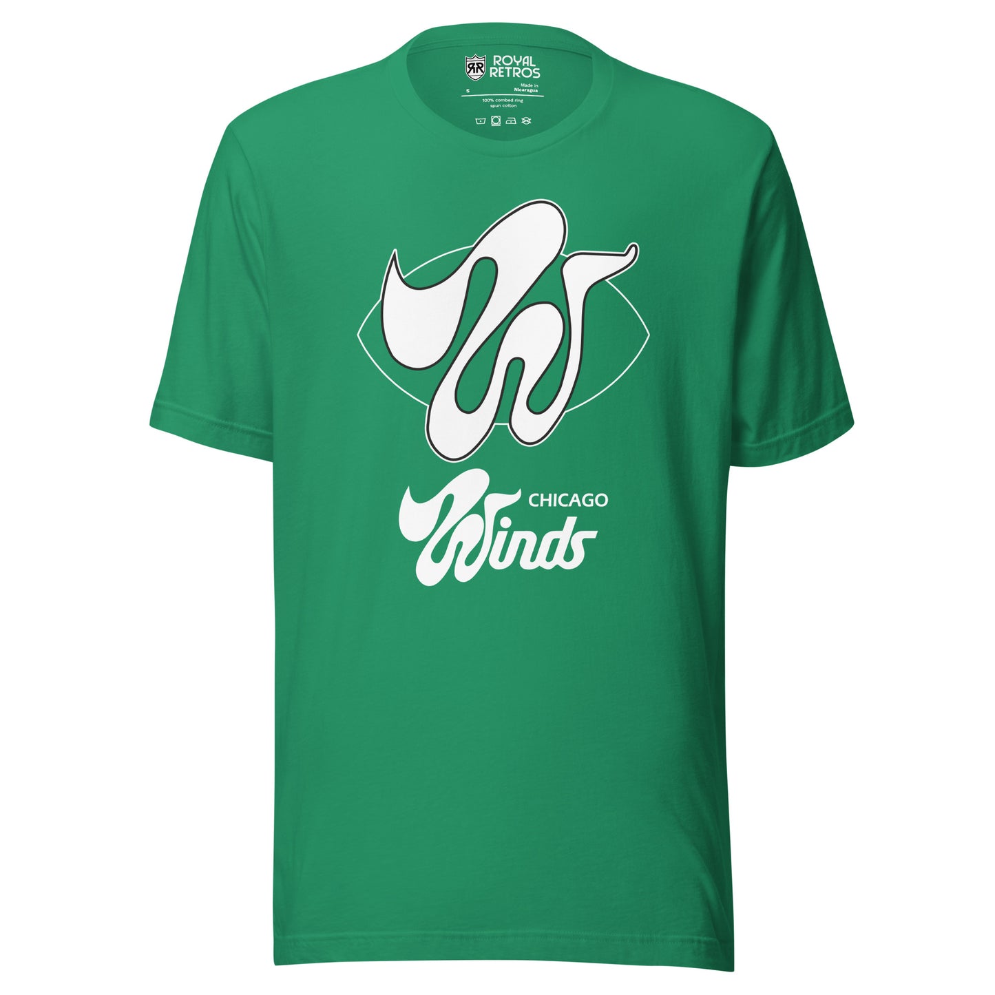 The Chicago Winds World Football League T-shirt. Green. Green football shape with wildly stylized large white W over top. Chicago small in white below right. Winds larger below centered in white. Royal Retros