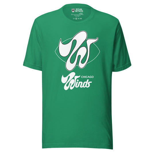 The Chicago Winds World Football League T-shirt. Green. Green football shape with wildly stylized large white W over top. Chicago small in white below right. Winds larger below centered in white. Royal Retros
