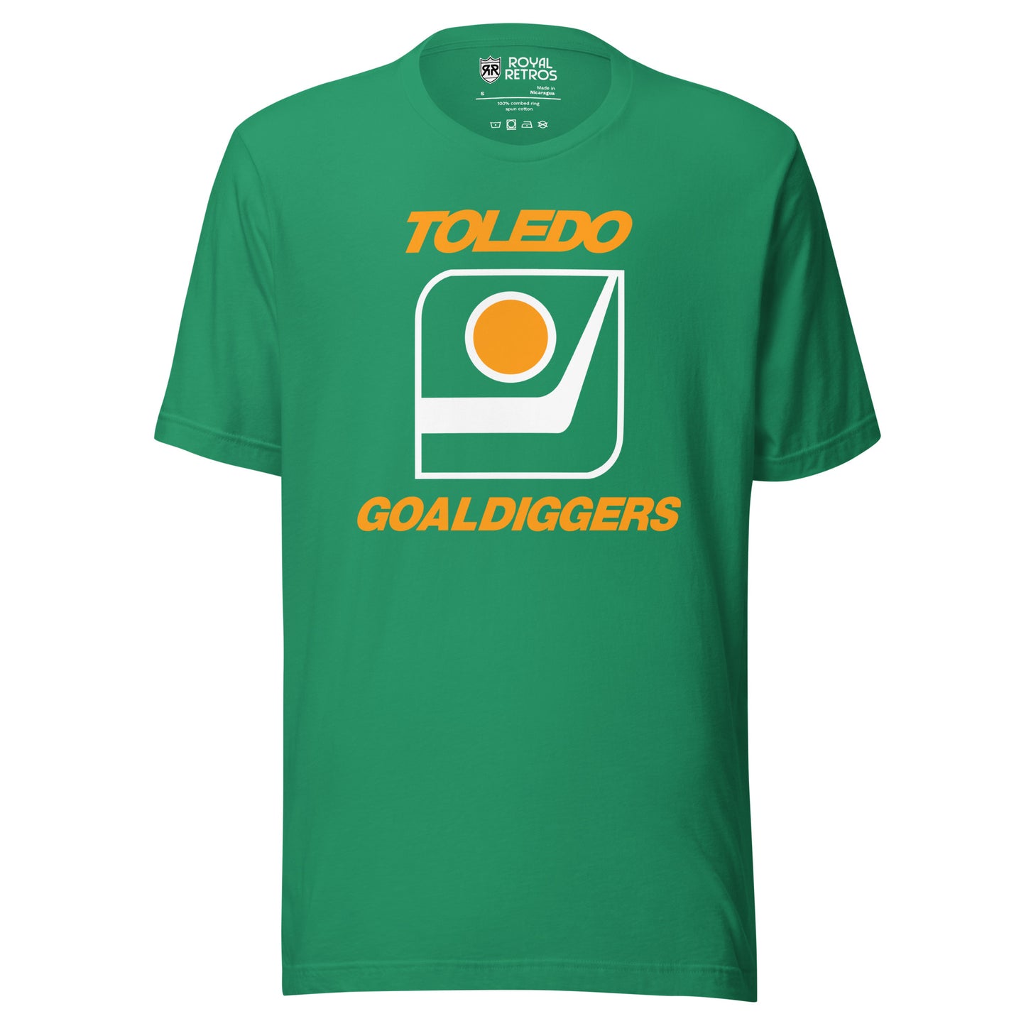 Toledo Goaldiggers hockey T-shirt. Green. Toledo in gold above white outlined square. Inside is a hockey blade with a gold puck with white trim above. Goaldiggers in gold below. square. Royal Retros