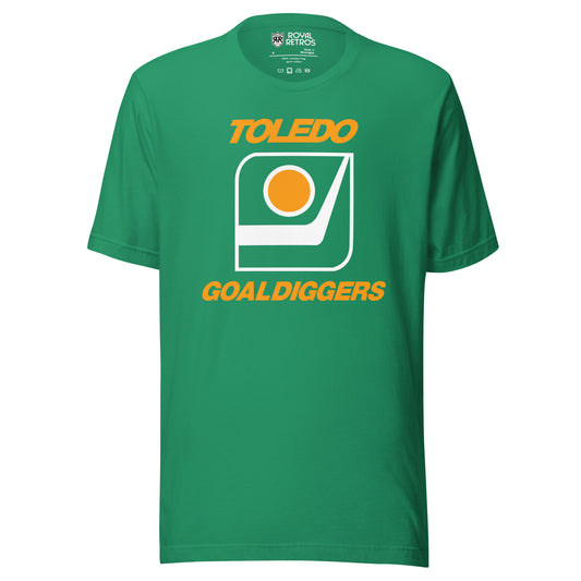 Toledo Goaldiggers hockey T-shirt. Green. Toledo in gold above white outlined square. Inside is a hockey blade with a gold puck with white trim above. Goaldiggers in gold below. square. Royal Retros