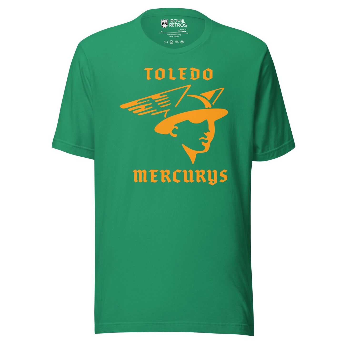 Toledo Mercurys hockeyT-shirt. Greem Toledo in gold. Above stylized bust of the God Mercury with winged helmet in gold. Mercurys in gold below. Royal Retros
