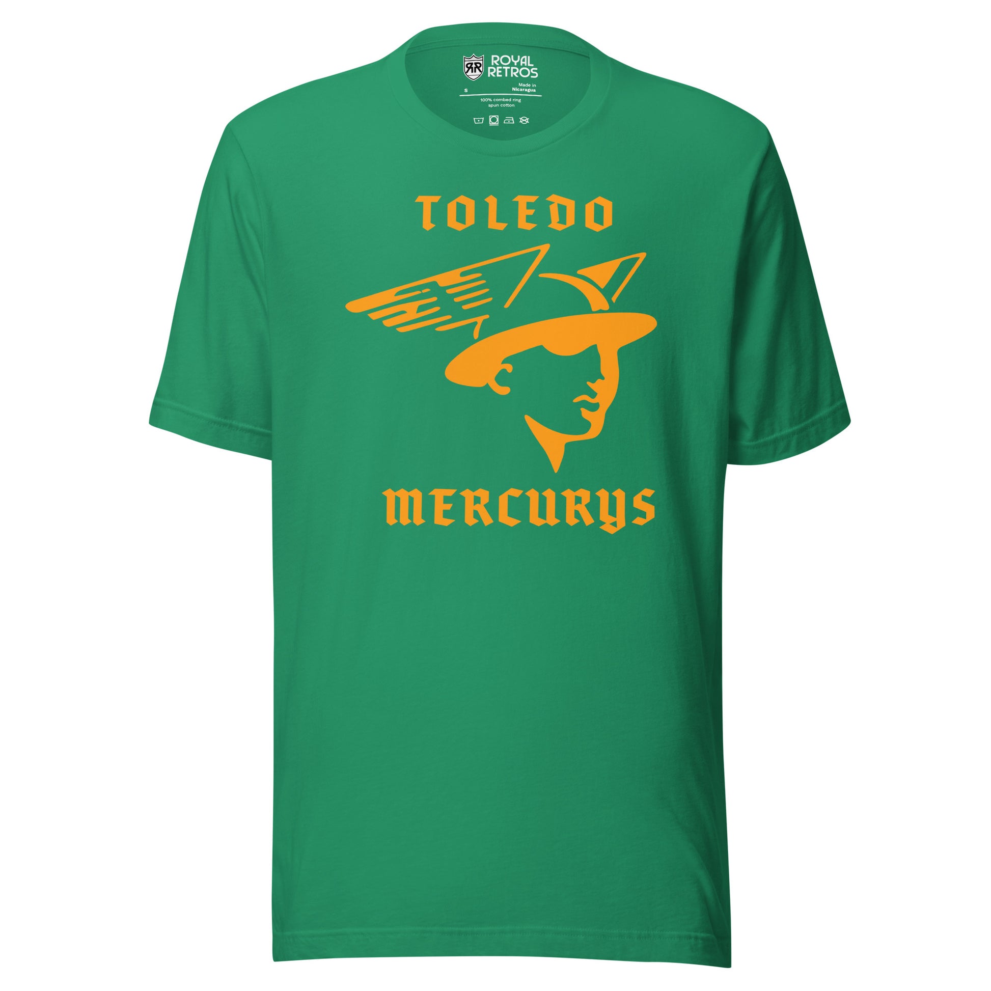Toledo Mercurys hockeyT-shirt. Greem Toledo in gold. Above stylized bust of the God Mercury with winged helmet in gold. Mercurys in gold below. Royal Retros