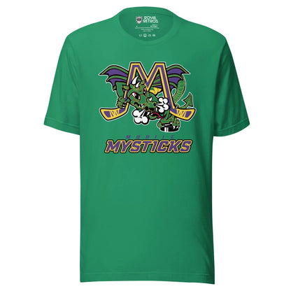 Mobile Mysticks T-shirt. Kelly Green. Logo on chest is an gold M with yellow trim, hockey sticks forming the legs. Large dragon green with purple wings poking through letter. Mobile in purple small above MYSTICKS in purple with gold trim large below. Royal Retros.