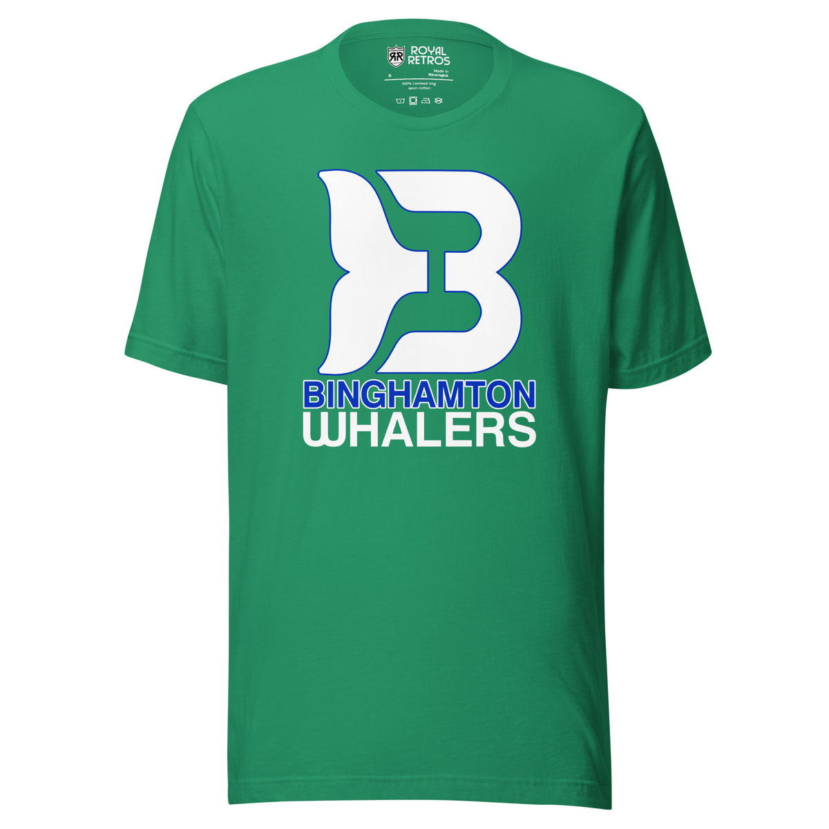 Binghamton Whalers T-Shirt. Kelly green. Front chest print of a white whale-tail B logo outlined in blue, with 'BINGHAMTON' in blue above 'WHALERS' in white below.