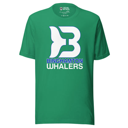 Binghamton Whalers T-Shirt. Kelly green. Front chest print of a white whale-tail B logo outlined in blue, with 'BINGHAMTON' in blue above 'WHALERS' in white below.