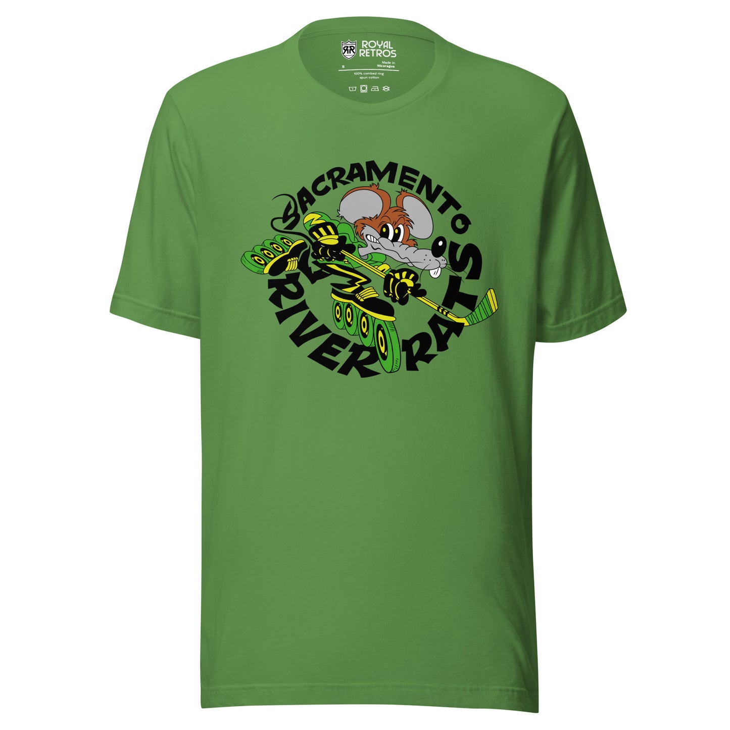 Sacramento River Rates Roller Hockey T-shirt. Green. Sacramento in black arched over rat, incline skating with hockey stick, going to the right. River Rats in black, arched up below. Royal Retros 