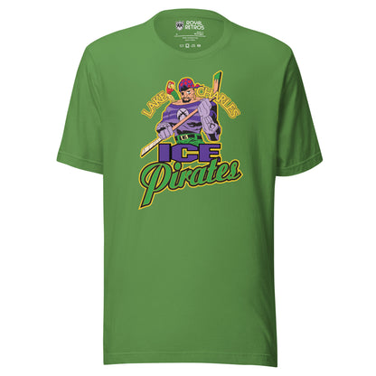 Lake Charles Ice Pirates hockey T-shirt. Green. Lake in gold to left of pirate's head, Charles to the right. Pirate is holding a hockey stick. Below is ICE in purple, with Pirates in green below that. Royal Retros