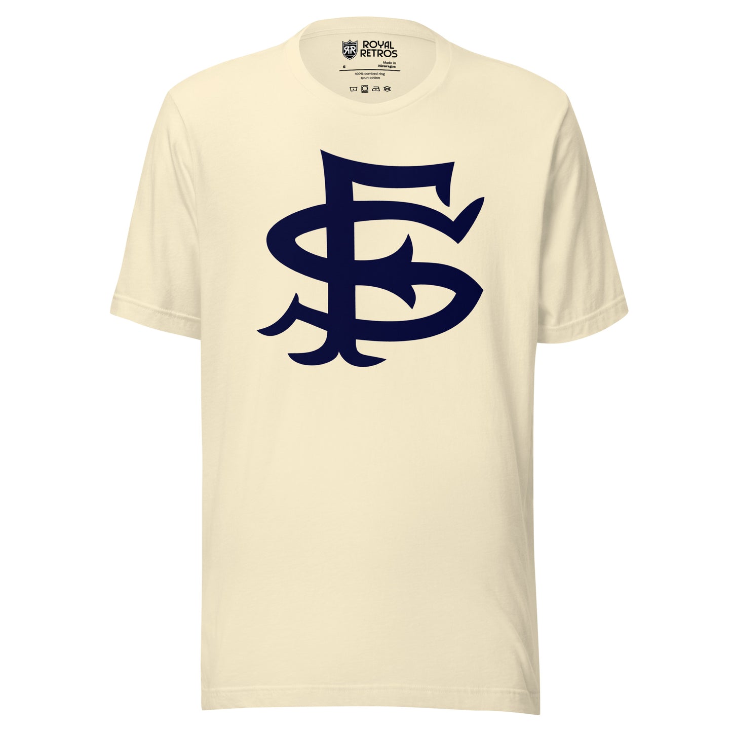 San Francisco Seals with large blue interlocking SF on natural white tee Royal Retros