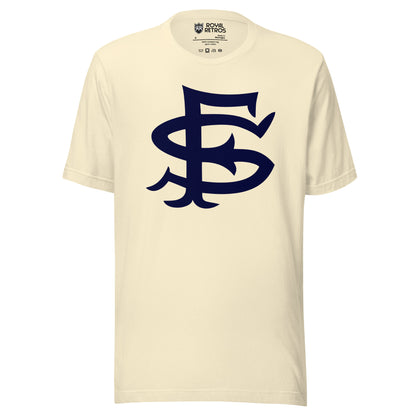 San Francisco Seals with large blue interlocking SF on natural white tee Royal Retros