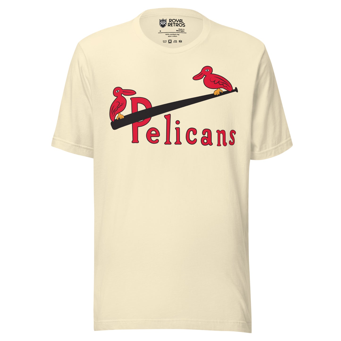 New Orleans Pelicans T-shirt cream. Pelicans in red across chest. Bat going through P with red pelicans sitting on either end. Royal Retros